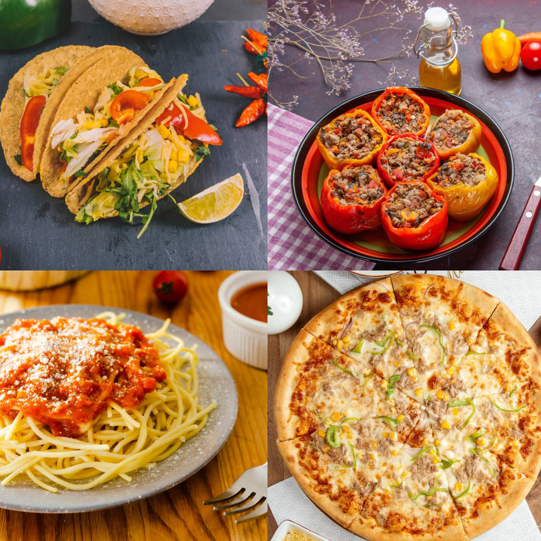 A collage of four gluten-free dishes: tacos, stuffed bell peppers, spaghetti with tomato sauce, and a cheese pizza.