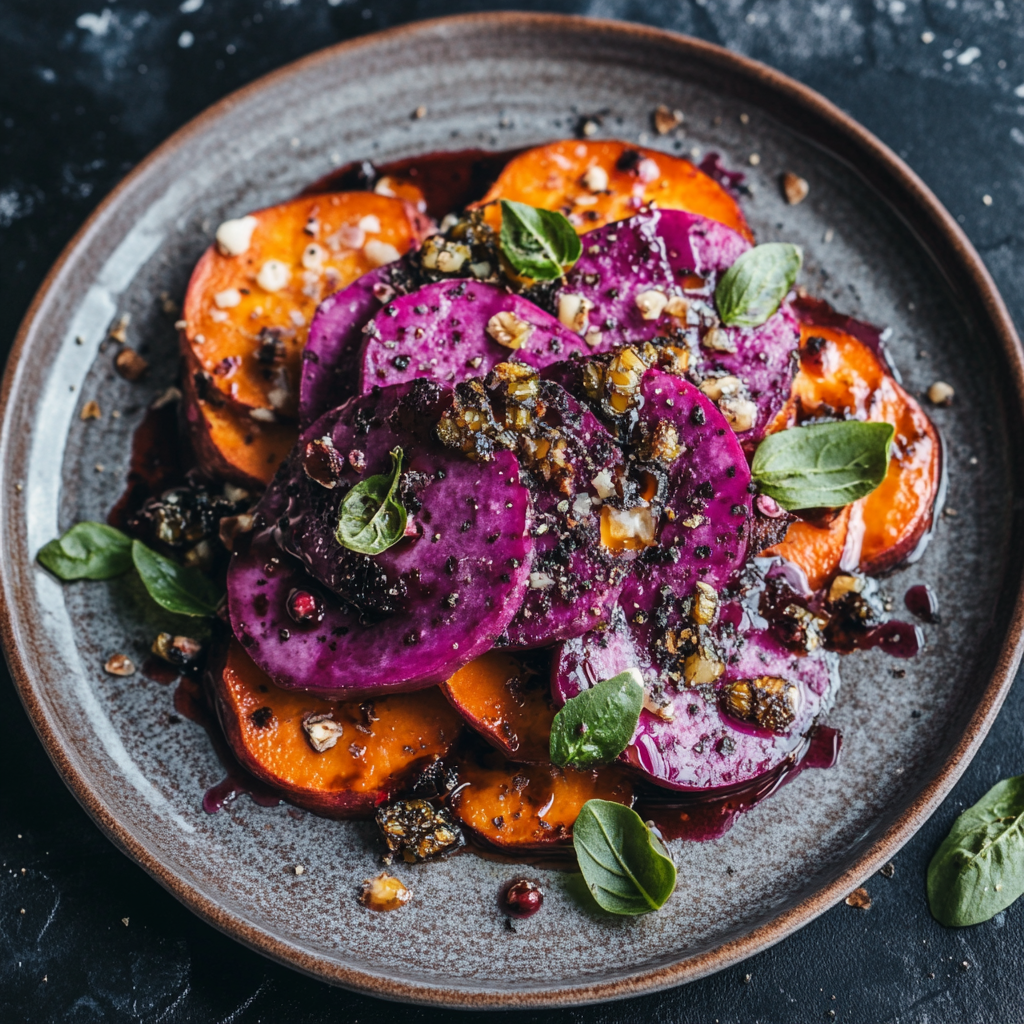 A plate of roasted purple and orange sweet potato slices topped with a nutty vinaigrette and fresh basil.