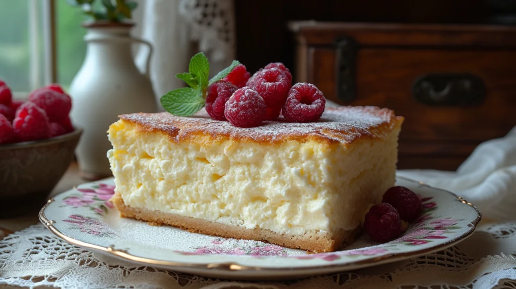 Yogurt Cake topped with raspberries and powdered sugar on a decorative plate.