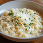 Creamy risotto topped with grated Parmesan cheese and fresh parsley in a white bowl.