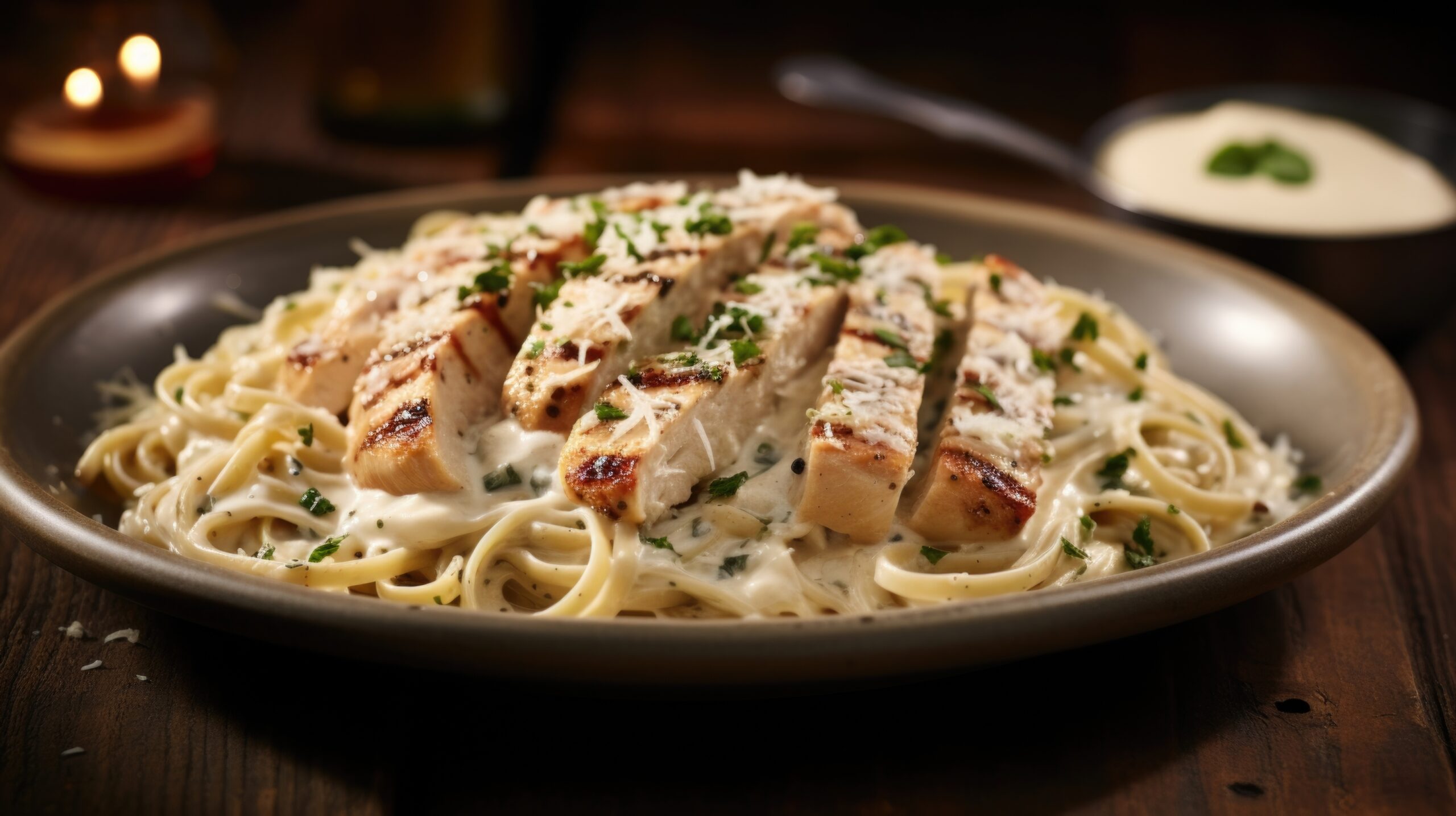 Plate of creamy chicken Alfredo pasta featuring grilled chicken strips, garnished with fresh parsley and grated Parmesan, served on a rustic table setting