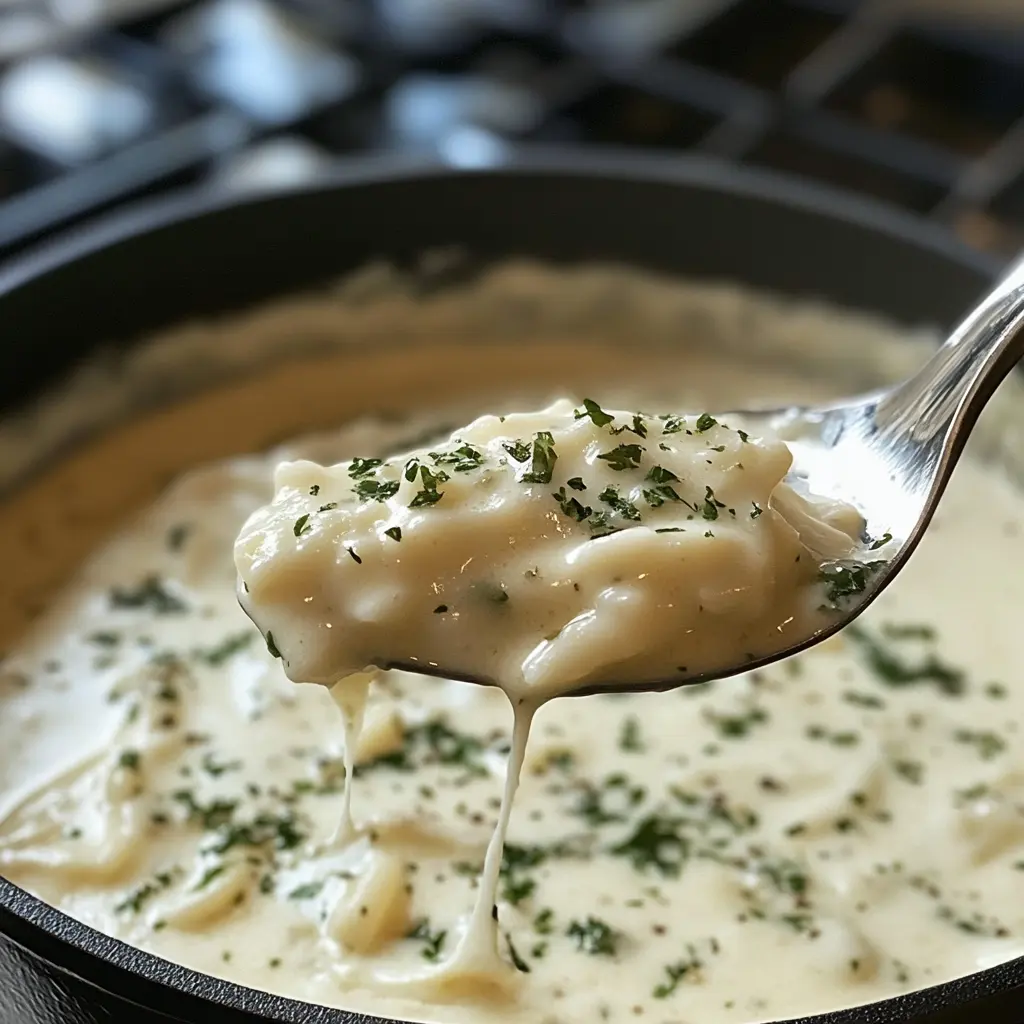 A spoonful of creamy Alfredo sauce garnished with parsley, lifted from a pan.