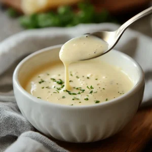 Rich and creamy Alfredo sauce in a bowl with a spoon lifting a generous serving.