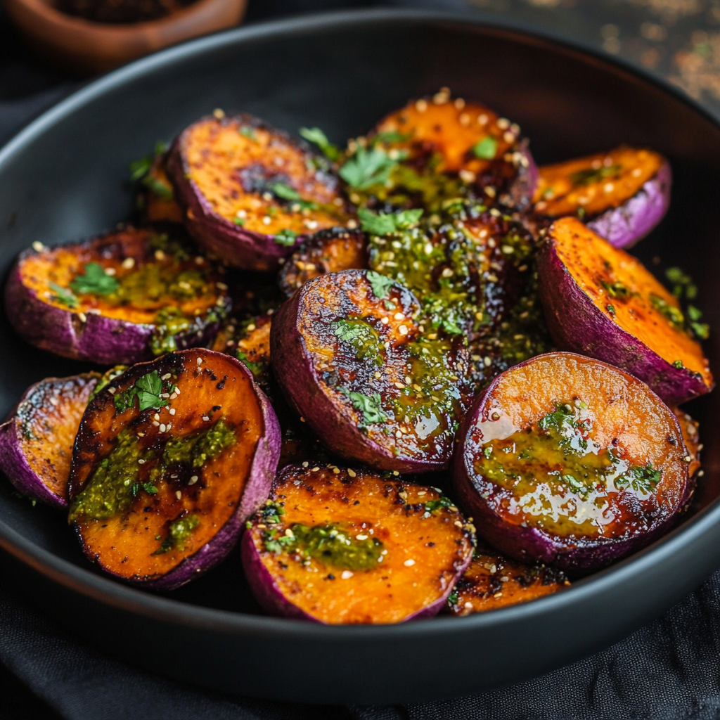 Roasted purple sweet potato slices drizzled with herb sauce and garnished with fresh parsley.