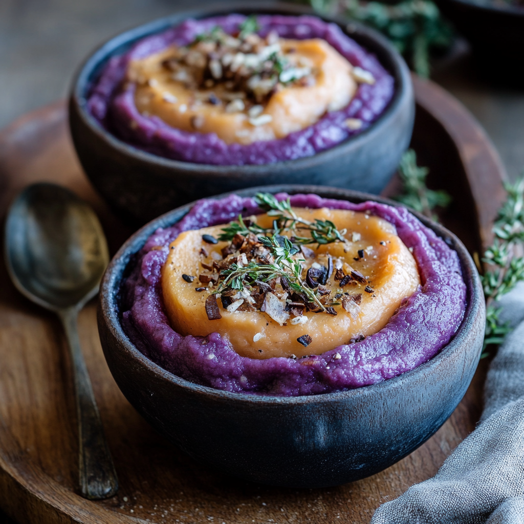 Creamy purple sweet potato mash topped with roasted squash, herbs, and crispy seasoning in a rustic bowl.