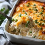 A creamy chicken and rice casserole topped with melted cheese, peas, and fresh parsley.