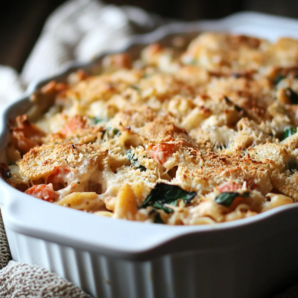 A golden-brown baked casserole with creamy pasta, vegetables, and a crispy breadcrumb topping.