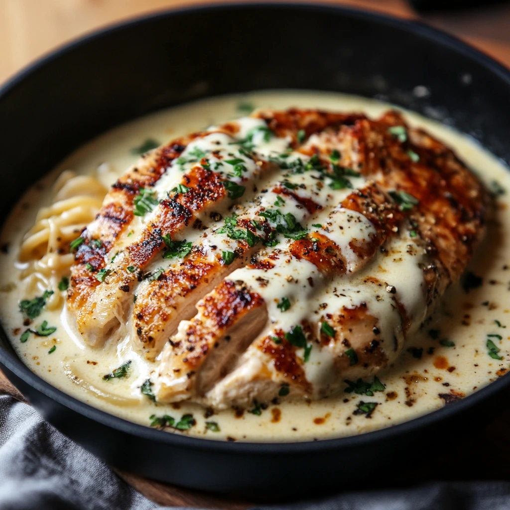 Pan-seared chicken breast slices in creamy Alfredo sauce served with pasta.